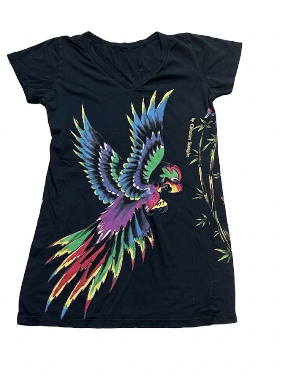Ed Hardy Christian Audigier Graphic V-Neck T-Shirt Tunic Parrot Black Y2K VTG